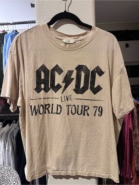H&M AC/DC Graphic Boxy Tee in Light Beige